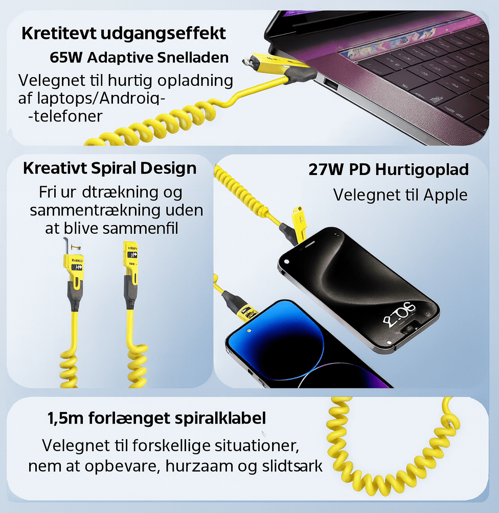4-i-1 Udtøjeligt Opladerkabel™ | Ét kabel til alle dine enheder – kompakt, kraftfuldt og klar på farten!