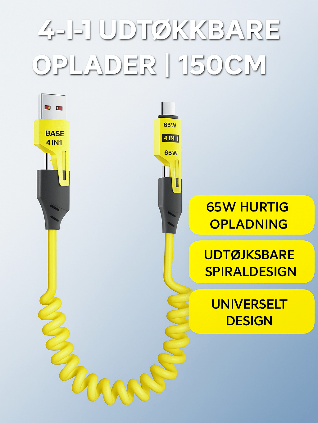 4-i-1 Udtøjeligt Opladerkabel™ | Ét kabel til alle dine enheder – kompakt, kraftfuldt og klar på farten!