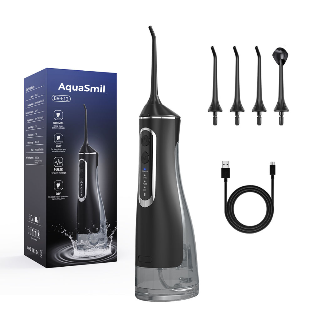 AquaSmil™ | Bærbar vandflosser med 4 tilstande og 5 mundstykker