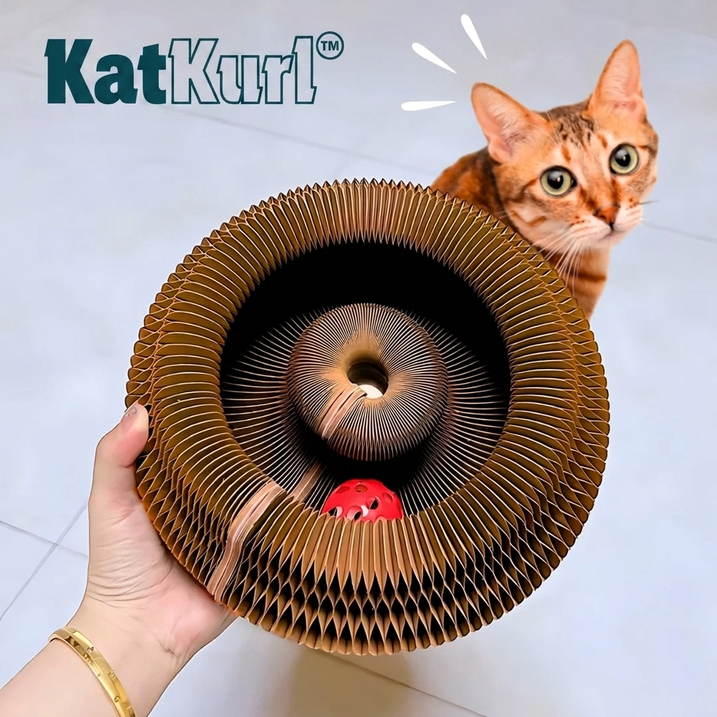 KatKurl™ 3-i-1 kattelegetøj med boldspor, kradsemåtte og hvileplads