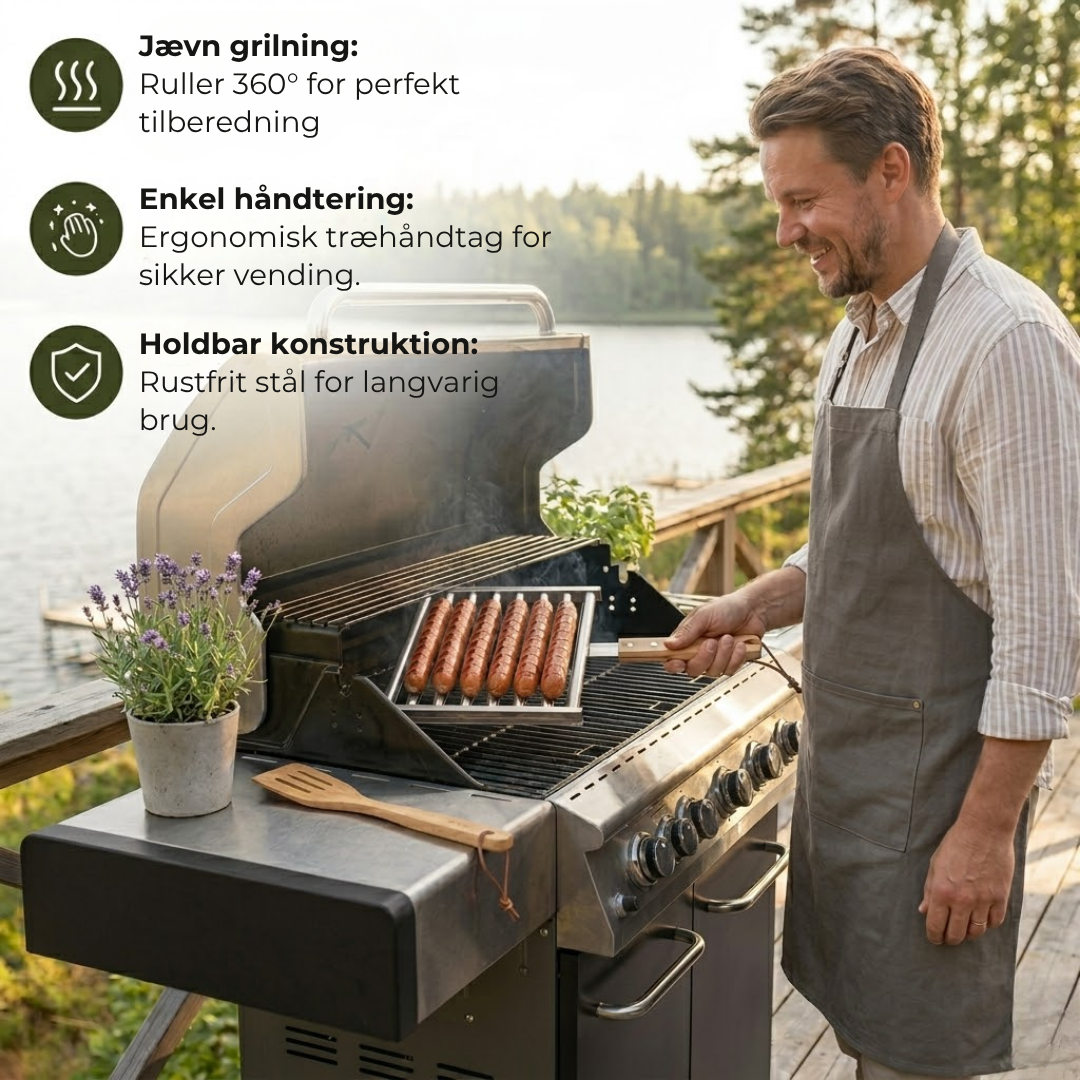 PølseRulle™ Den rustfrie pølseholder der vender alle pølser samtidigt