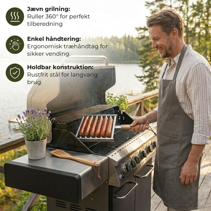 PølseRulle™ Den rustfrie pølseholder der vender alle pølser samtidigt