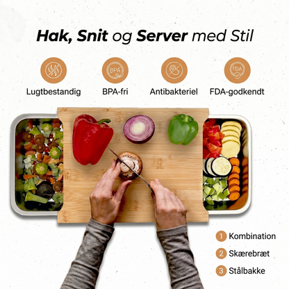 BambusBræt™ PFA-fri bambus skærebræt med 2 rustfrie opsamlingsbakker