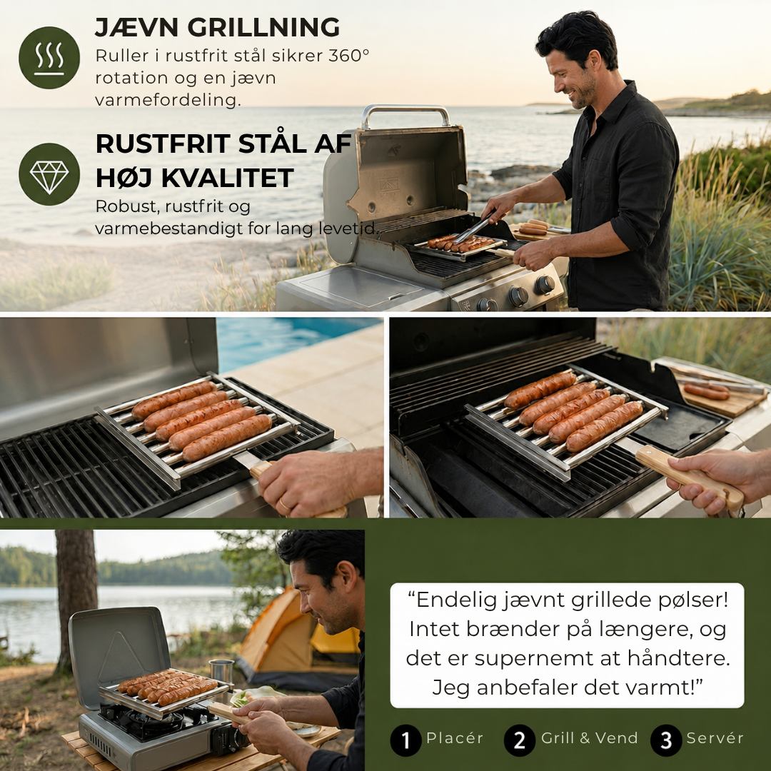 PølseRulle™ Den rustfrie pølseholder der vender alle pølser samtidigt