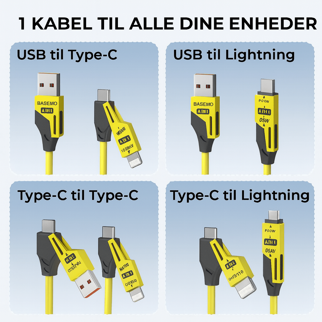 4-i-1 Udtøjeligt Opladerkabel™ | Ét kabel til alle dine enheder – kompakt, kraftfuldt og klar på farten!