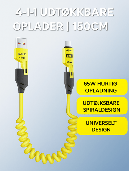 4-i-1 Udtøjeligt Opladerkabel™ | Ét kabel til alle dine enheder – kompakt, kraftfuldt og klar på farten!