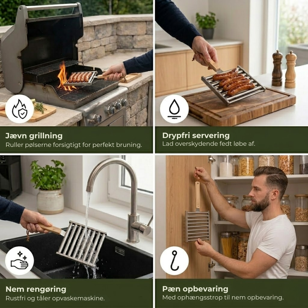 PølseRulle™ Den rustfrie pølseholder der vender alle pølser samtidigt