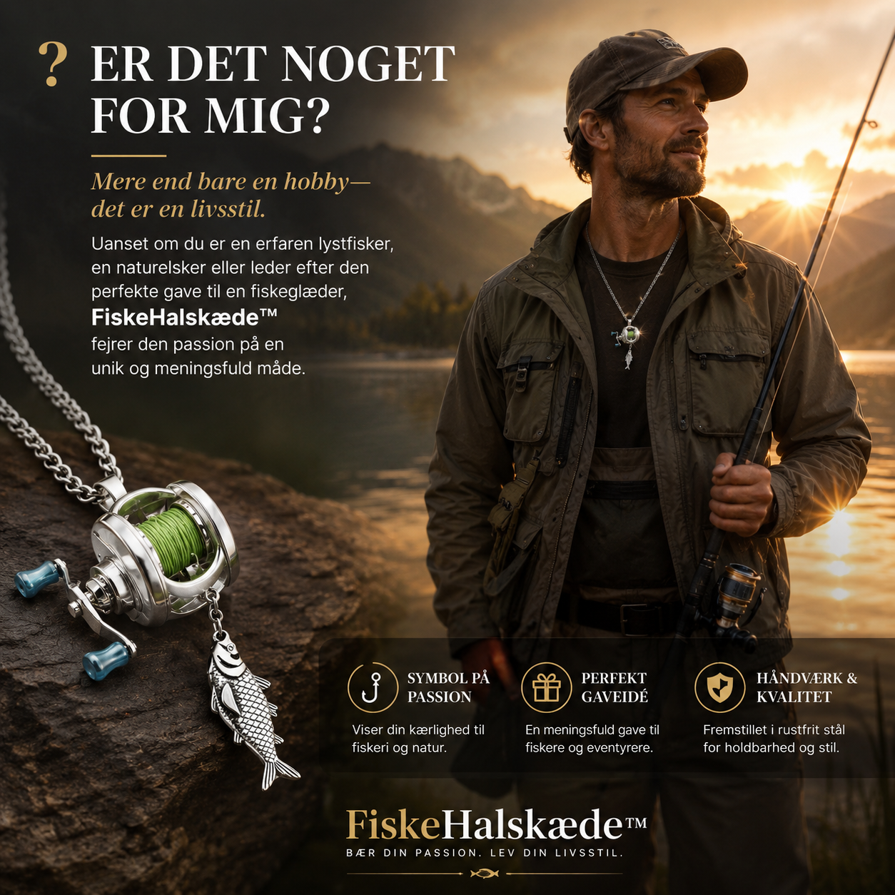 FiskeHalskæde™ Unik halskæde med drejelig fiskerolle, til den ægte fisker