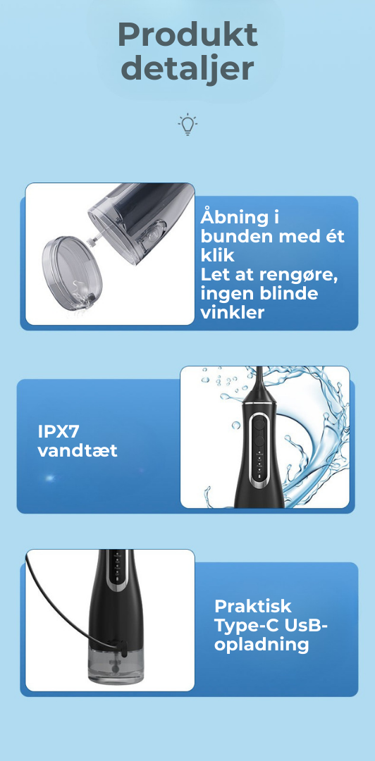 AquaSmil™ | Bærbar vandflosser med 4 tilstande og 5 mundstykker