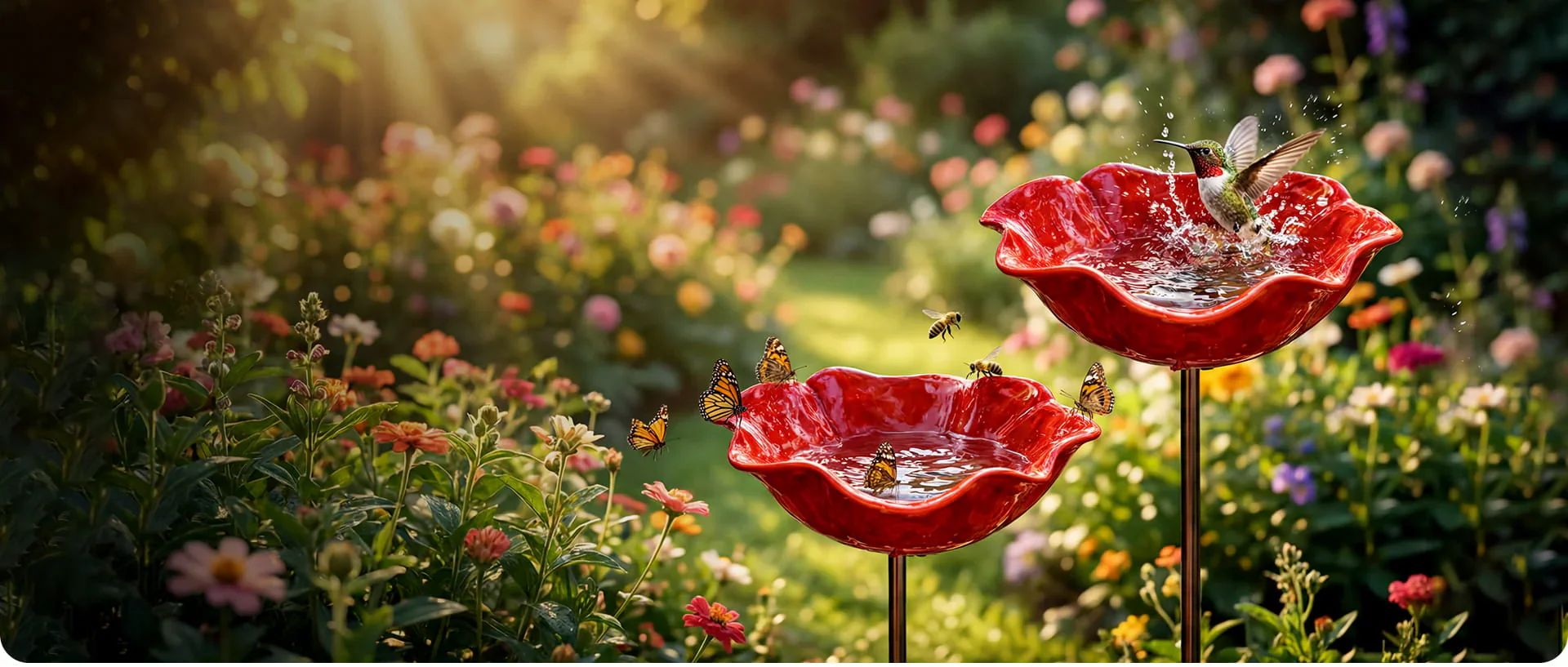 Dekorativ skål i metal som fuglefoder i en blomsterhave