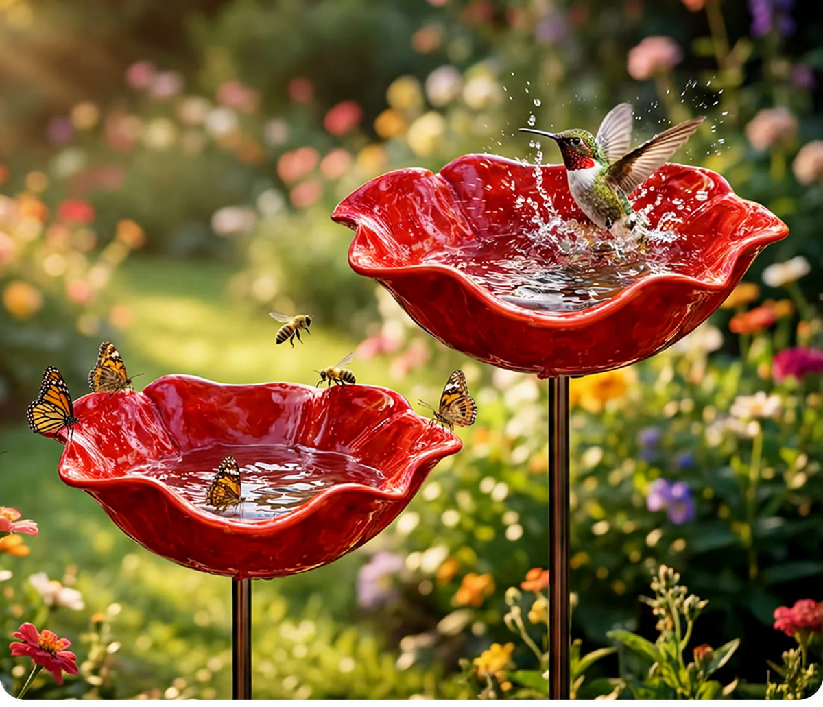 Dekorativ skål i metal som fuglefoder i en blomsterhave