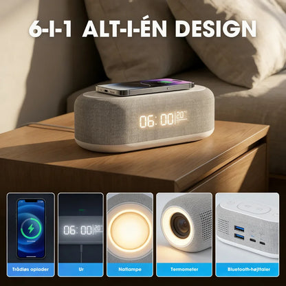 NatStation™ | 6-i-1 Multifunktionel Trådløs Ladestation – Alt-i-én Komfort til Dit Natbord ✨