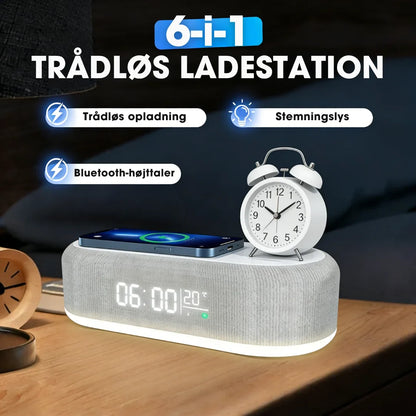 NatStation™ | 6-i-1 Multifunktionel Trådløs Ladestation – Alt-i-én Komfort til Dit Natbord ✨