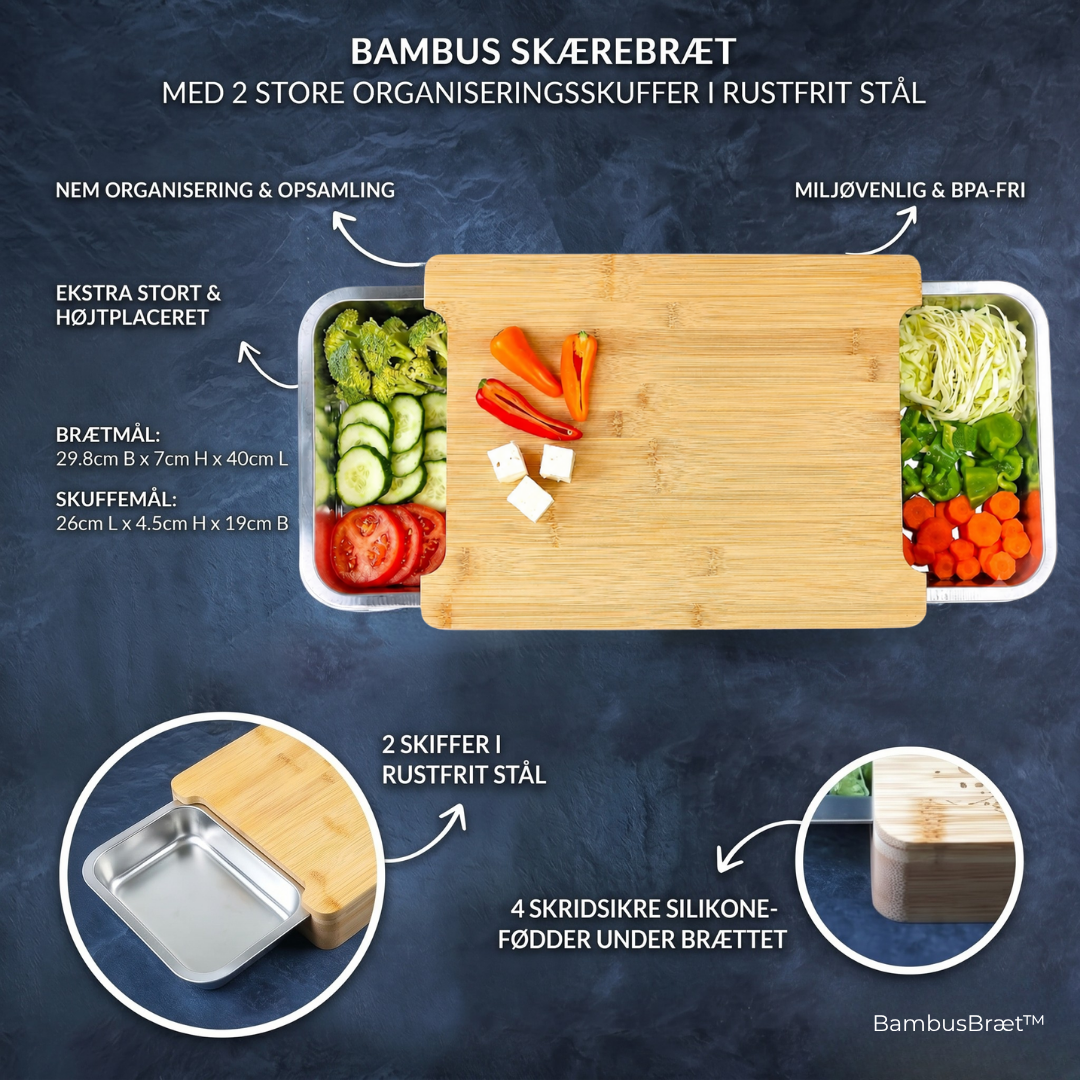 BambusBræt™ PFA-fri bambus skærebræt med 2 rustfrie opsamlingsbakker