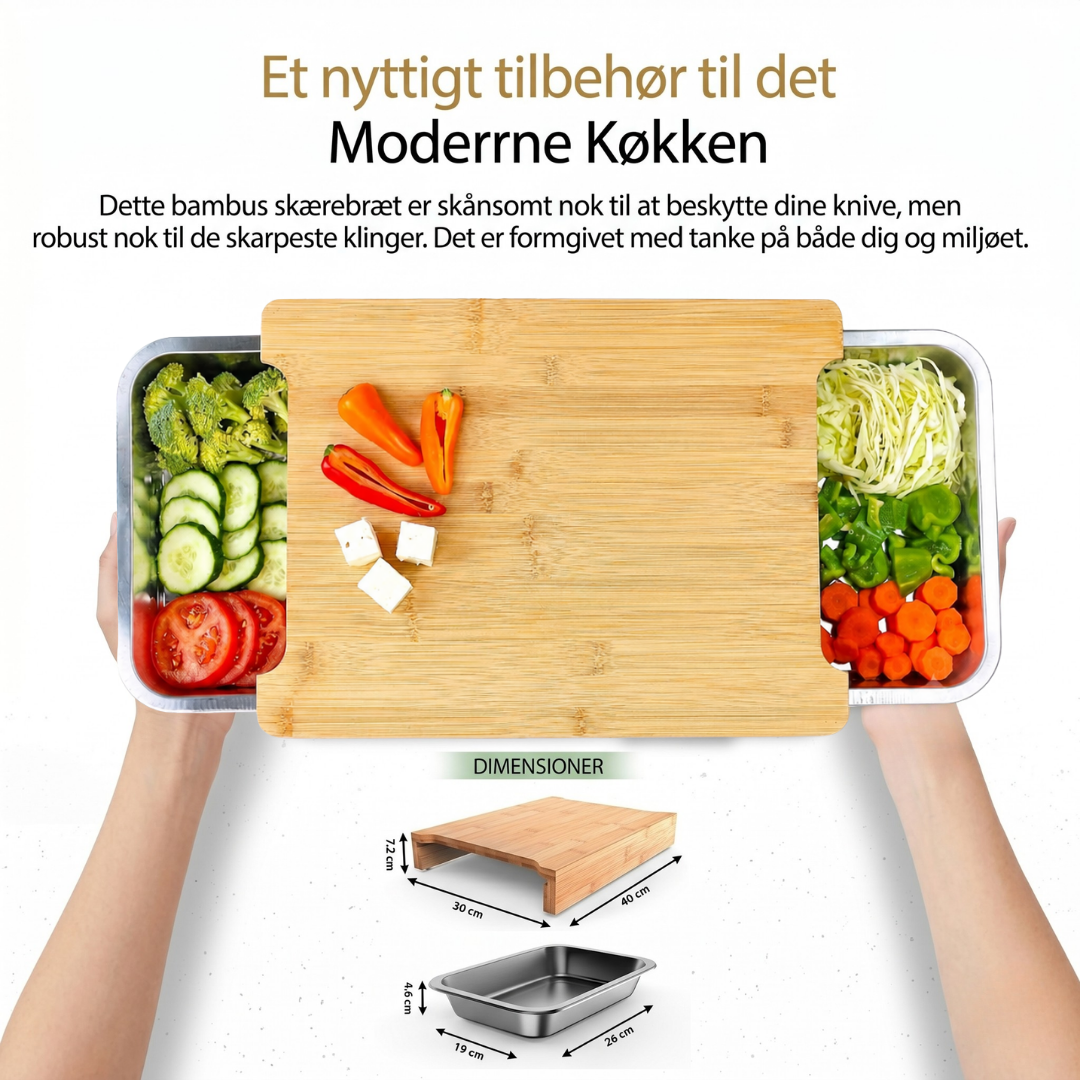 BambusBræt™ PFA-fri bambus skærebræt med 2 rustfrie opsamlingsbakker