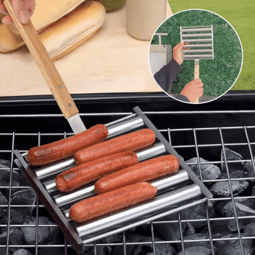 PølseRulle™ Den rustfrie pølseholder der vender alle pølser samtidigt