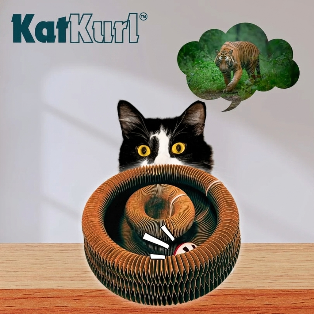 KatKurl™ 3-i-1 kattelegetøj med boldspor, kradsemåtte og hvileplads