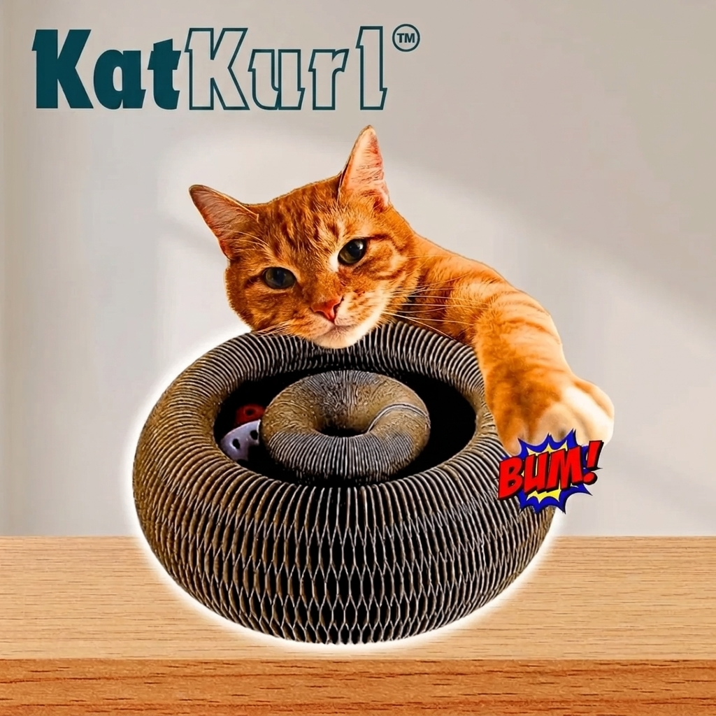 KatKurl™ 3-i-1 kattelegetøj med boldspor, kradsemåtte og hvileplads
