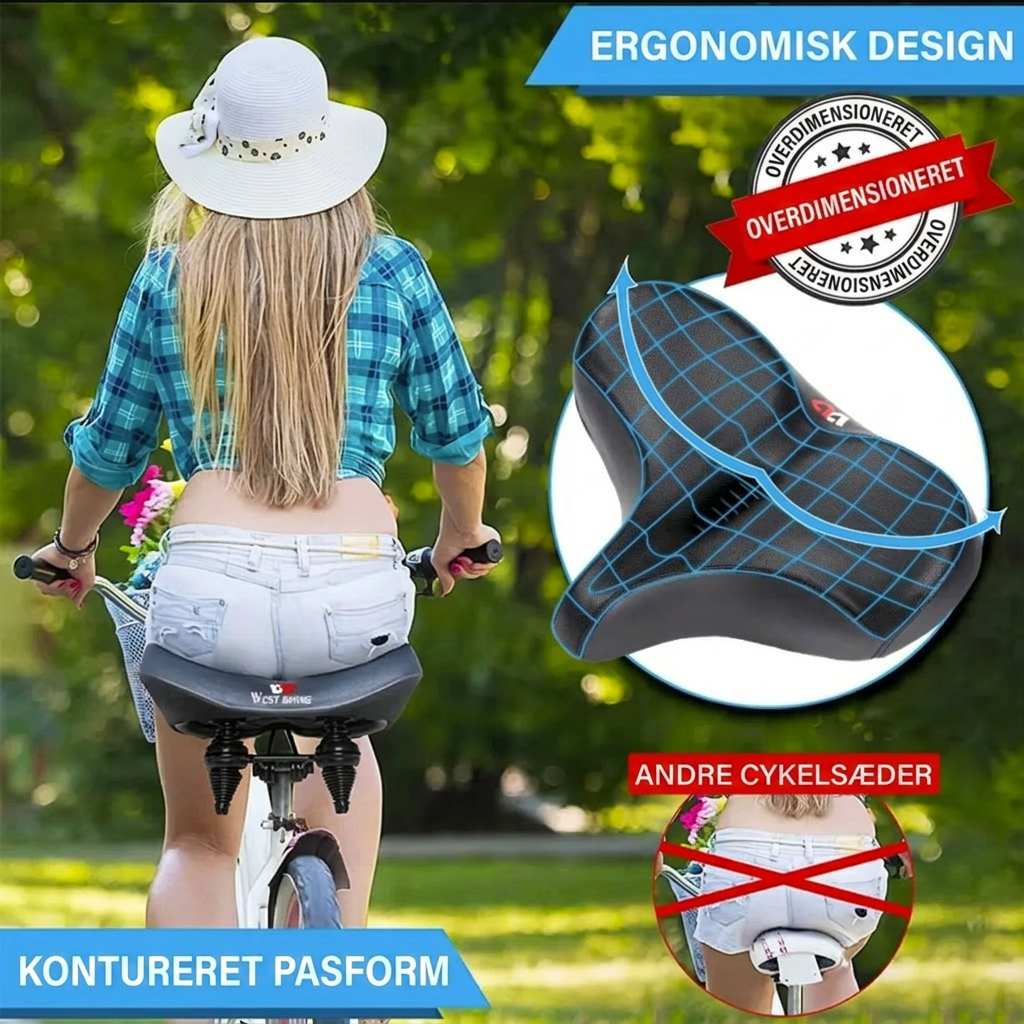 CykelKomfort™ Ekstra bred ergonomisk cykelsadel med dobbelt affjedring