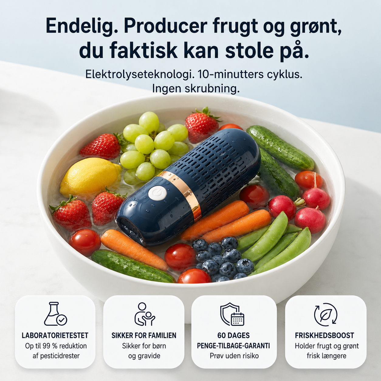 PestiRens™ Reducerer pesticider, snavs og bakterier fra frugt og grøntsager