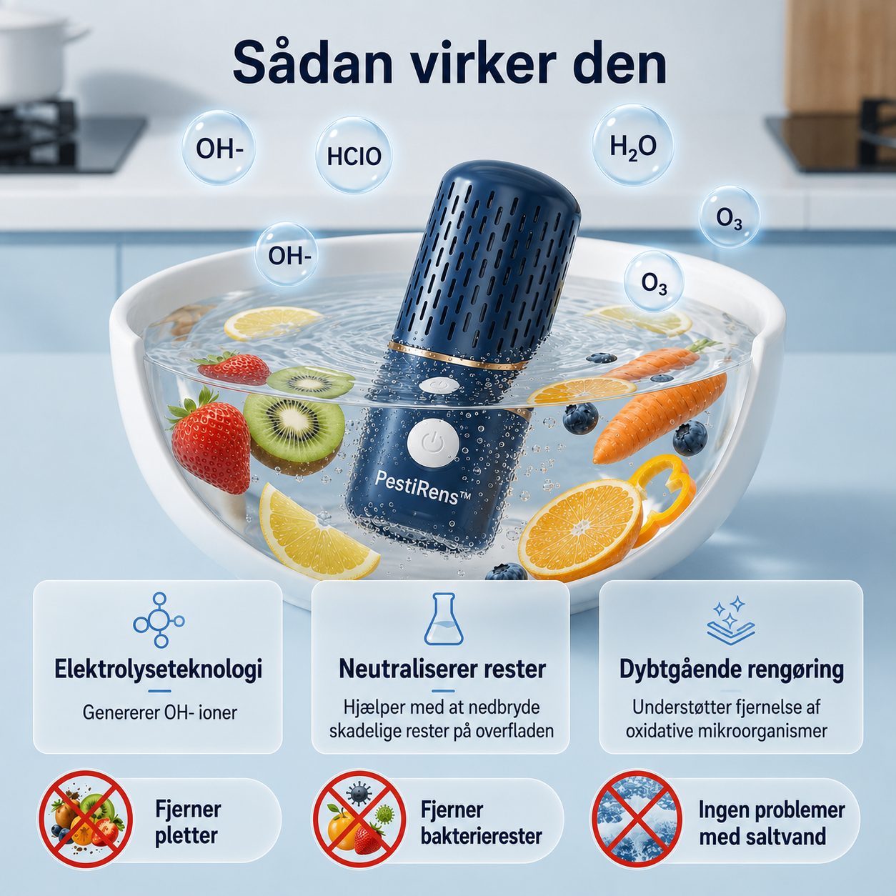 PestiRens™ Reducerer pesticider, snavs og bakterier fra frugt og grøntsager